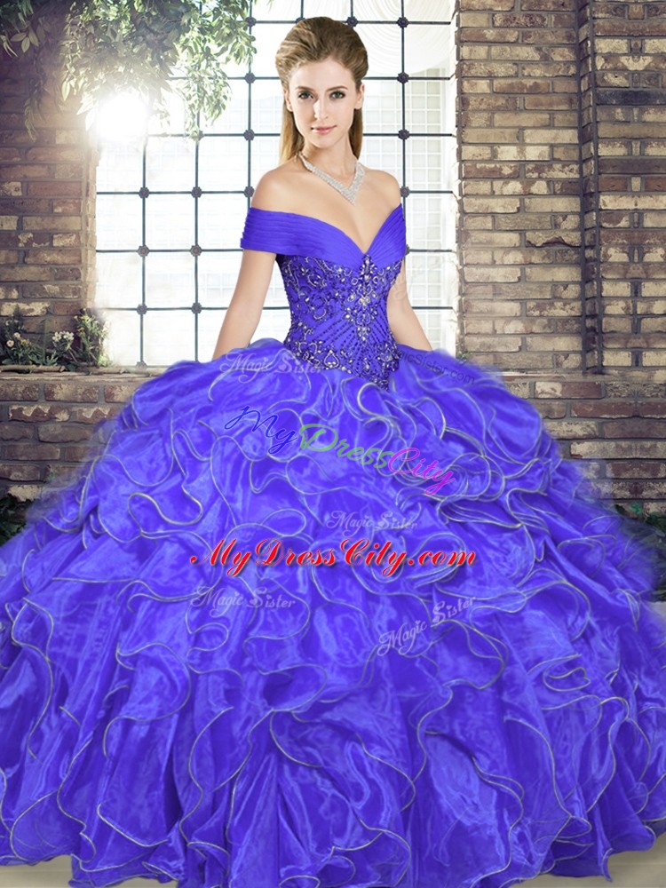 Trendy Lavender Ball Gowns Beading and Ruffles Sweet 16 Dresses Lace Up Organza Sleeveless Floor Length