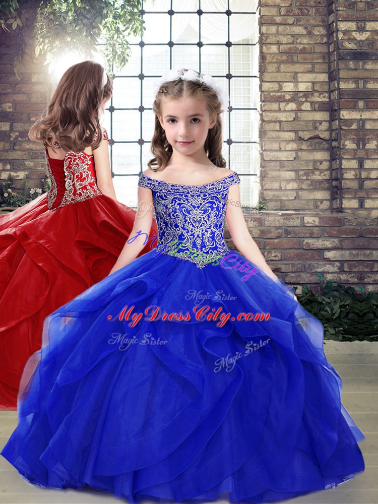 Ball Gowns Girls Pageant Dresses Royal Blue Off The Shoulder Organza Sleeveless Floor Length Lace Up