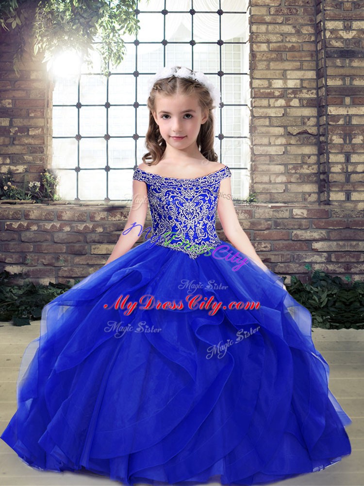 Ball Gowns Girls Pageant Dresses Royal Blue Off The Shoulder Organza Sleeveless Floor Length Lace Up