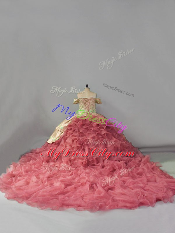 Simple Off The Shoulder Sleeveless Vestidos de Quinceanera Floor Length Chapel Train Embroidery and Ruffles Pink Organza