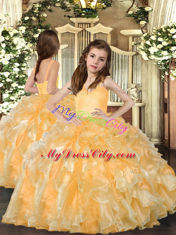 Perfect Gold Organza Lace Up Straps Sleeveless Floor Length Pageant Gowns For Girls Ruffles