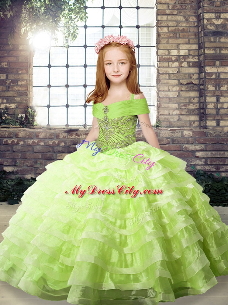 Lovely Sleeveless Brush Train Beading and Ruffled Layers Lace Up Pageant Dress for Girls