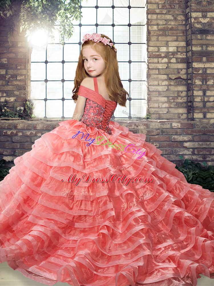 Lovely Sleeveless Brush Train Beading and Ruffled Layers Lace Up Pageant Dress for Girls