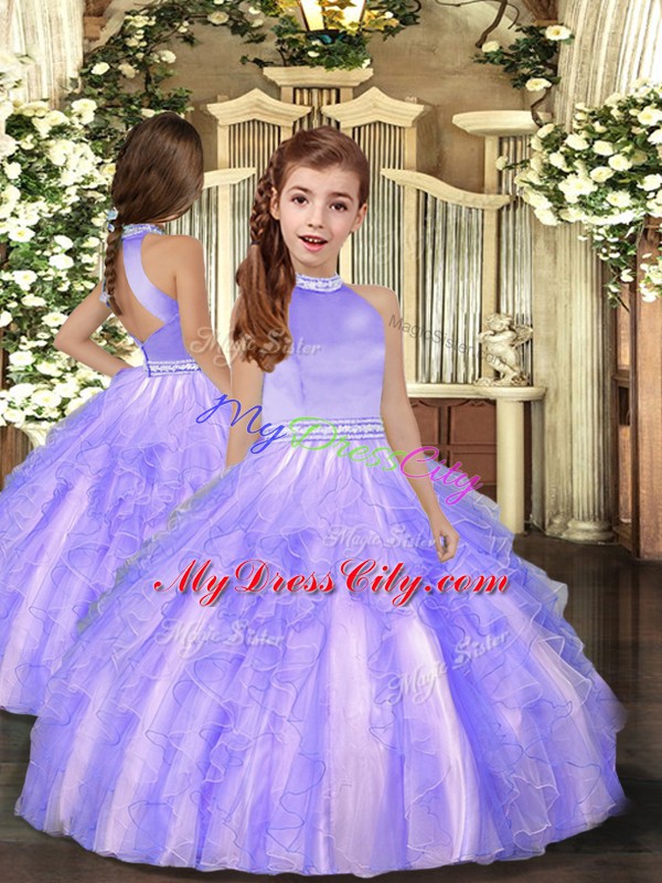 Ball Gowns Pageant Dress Wholesale Lavender High-neck Tulle Sleeveless Floor Length Backless