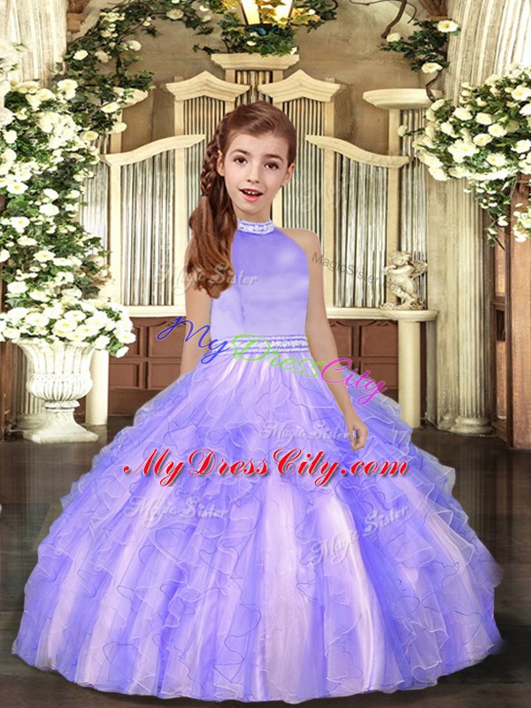 Ball Gowns Pageant Dress Wholesale Lavender High-neck Tulle Sleeveless Floor Length Backless