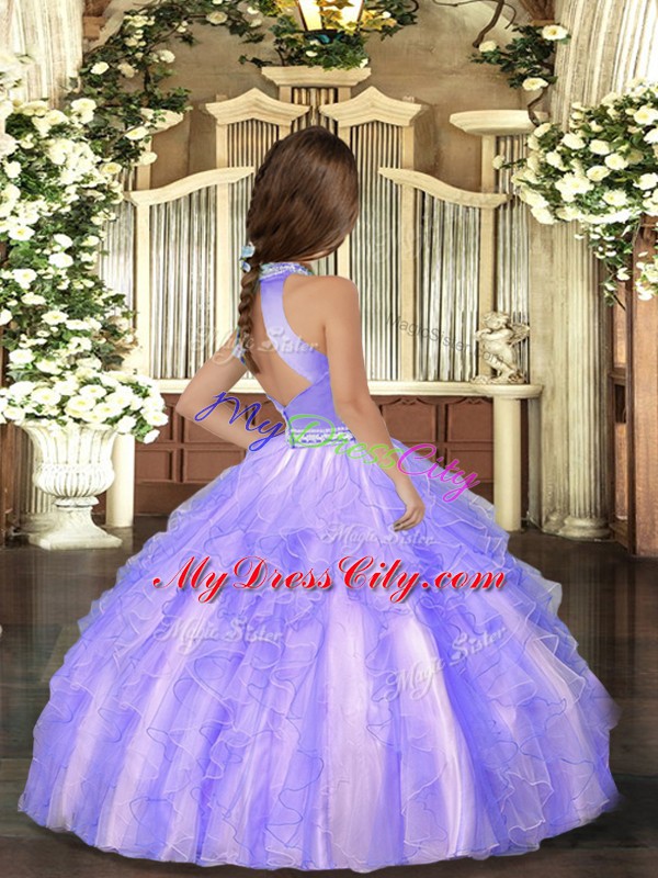 Ball Gowns Pageant Dress Wholesale Lavender High-neck Tulle Sleeveless Floor Length Backless