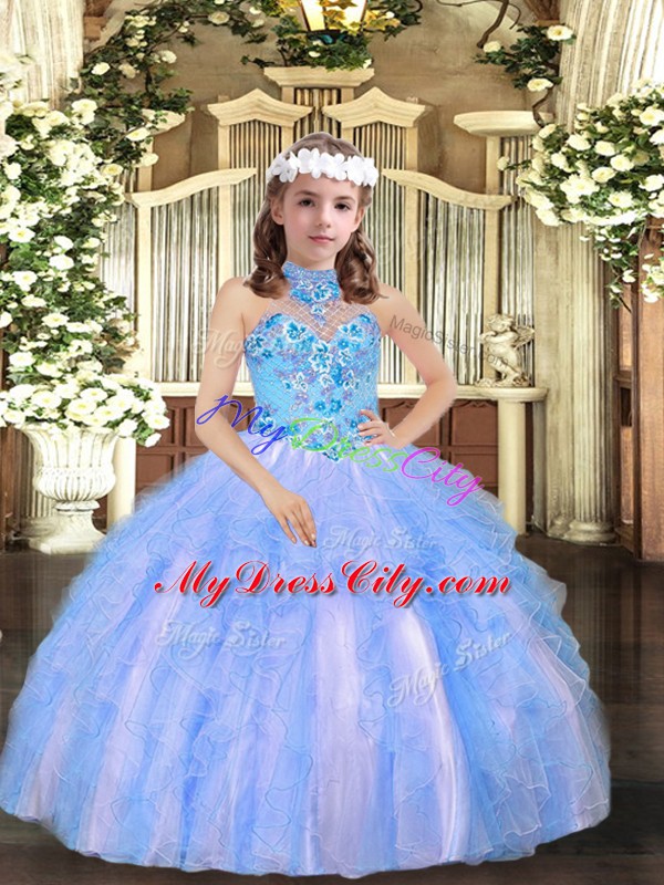 Eye-catching Blue Sleeveless Tulle Lace Up Pageant Dress for Girls for Party and Wedding Party