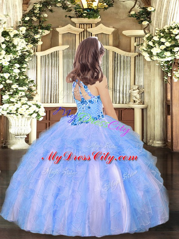 Eye-catching Blue Sleeveless Tulle Lace Up Pageant Dress for Girls for Party and Wedding Party