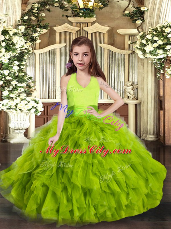 Trendy Green Halter Top Lace Up Ruffles Child Pageant Dress Sleeveless