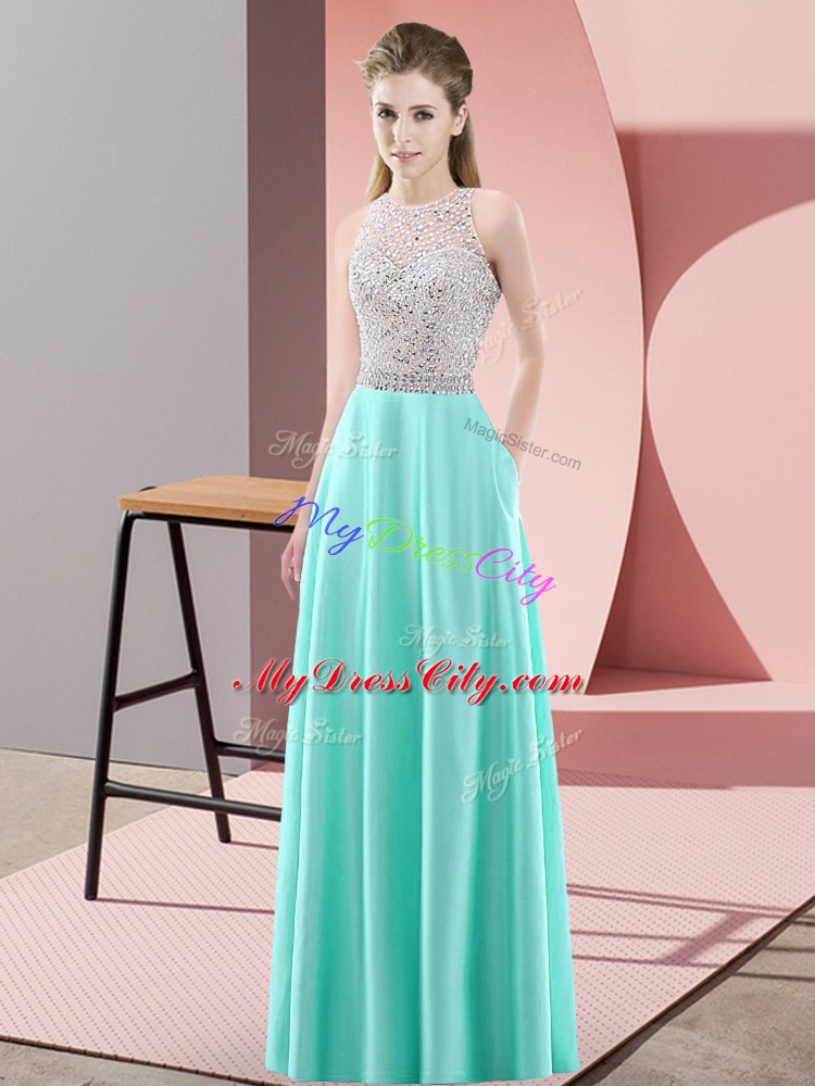 Scoop Sleeveless Satin Dress for Prom Beading Backless