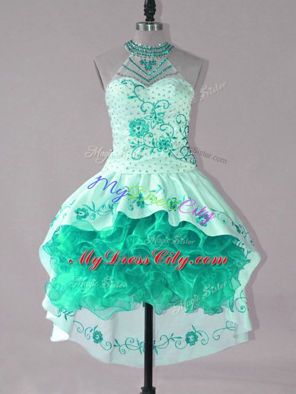 Superior Satin and Organza Strapless Sleeveless Lace Up Embroidery and Ruffles Homecoming Dress in Turquoise