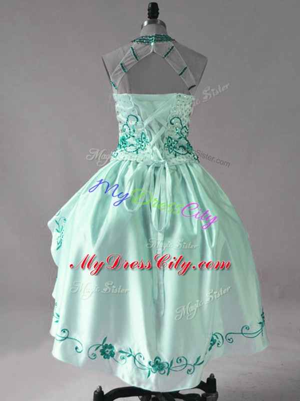 Superior Satin and Organza Strapless Sleeveless Lace Up Embroidery and Ruffles Homecoming Dress in Turquoise