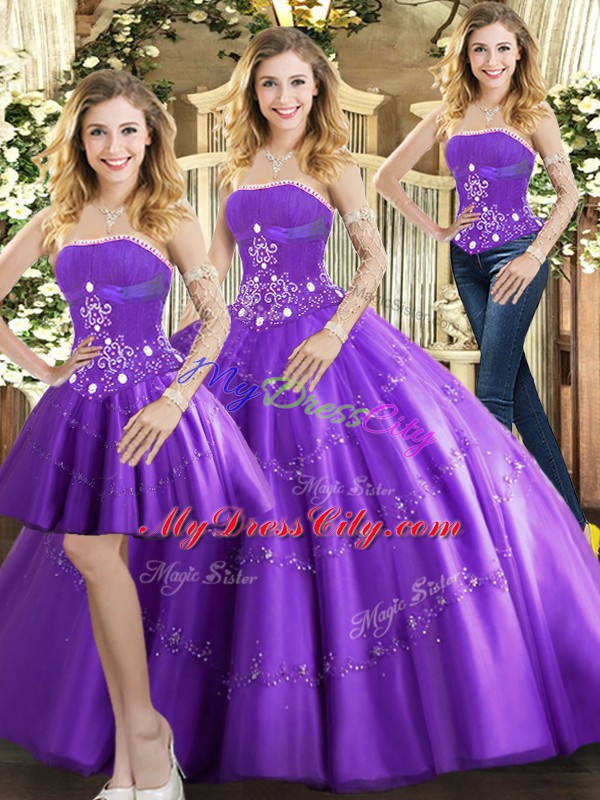 Purple Sleeveless Tulle Lace Up Quinceanera Dress for Sweet 16 and Quinceanera