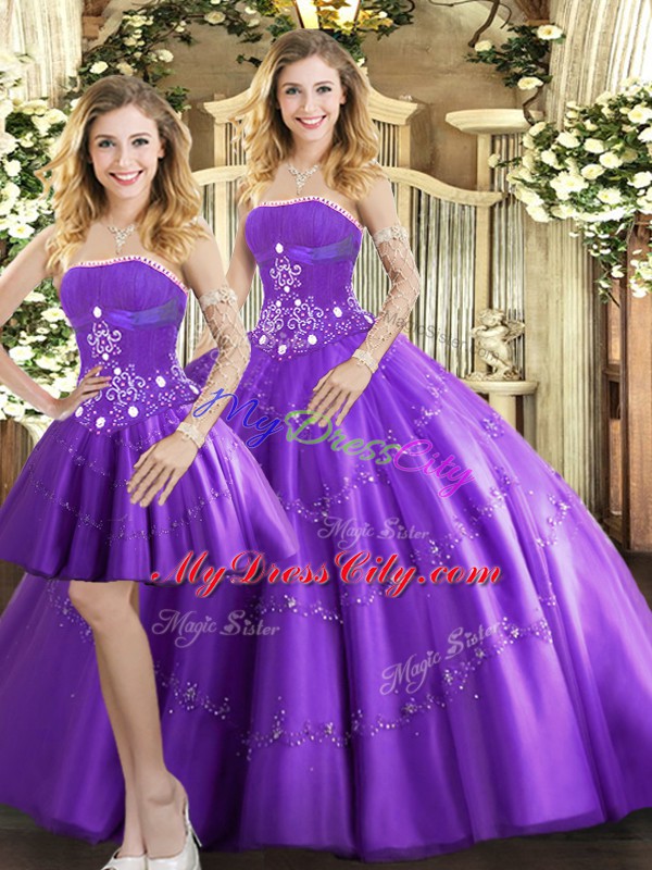 Purple Sleeveless Tulle Lace Up Quinceanera Dress for Sweet 16 and Quinceanera