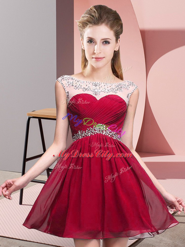 Sumptuous Red A-line Chiffon Scoop Sleeveless Beading and Ruching Mini Length Backless