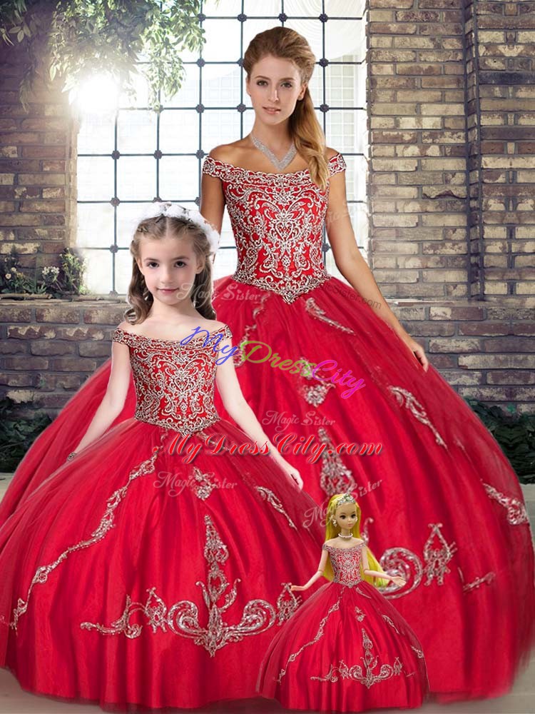 Red Sleeveless Tulle Lace Up 15 Quinceanera Dress for Military Ball and Sweet 16 and Quinceanera