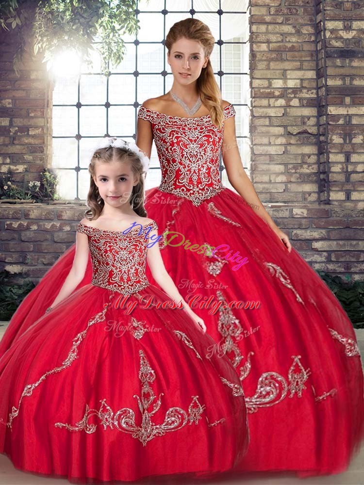 Red Sleeveless Tulle Lace Up 15 Quinceanera Dress for Military Ball and Sweet 16 and Quinceanera