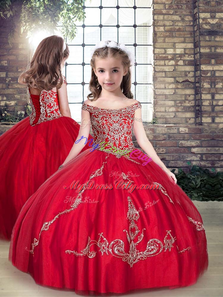 Red Sleeveless Tulle Lace Up 15 Quinceanera Dress for Military Ball and Sweet 16 and Quinceanera