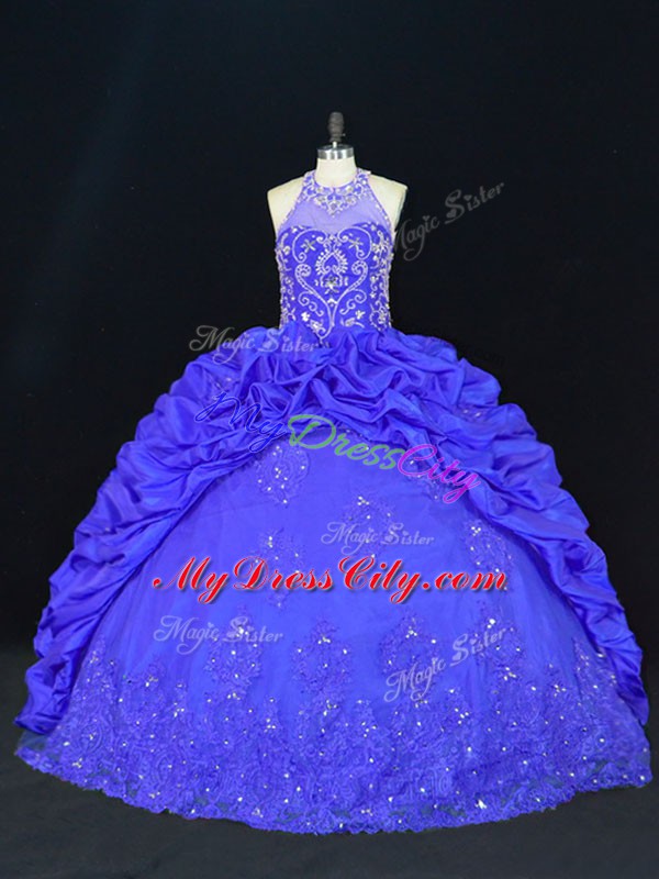 Halter Top Sleeveless Taffeta 15 Quinceanera Dress Beading and Appliques and Embroidery and Pick Ups Lace Up