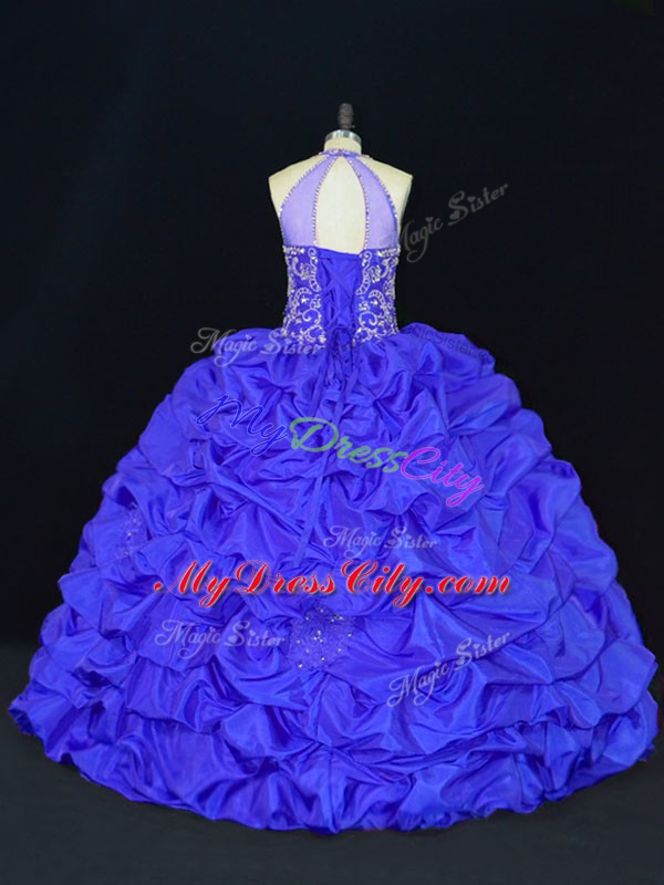 Halter Top Sleeveless Taffeta 15 Quinceanera Dress Beading and Appliques and Embroidery and Pick Ups Lace Up