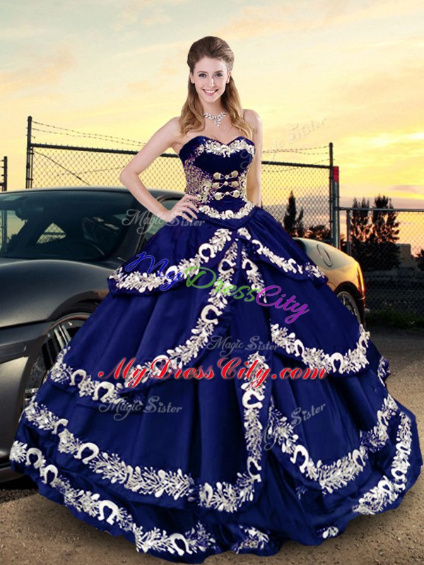 Discount Royal Blue Ball Gowns Satin Sweetheart Sleeveless Embroidery and Ruffled Layers Floor Length Lace Up 15 Quinceanera Dress