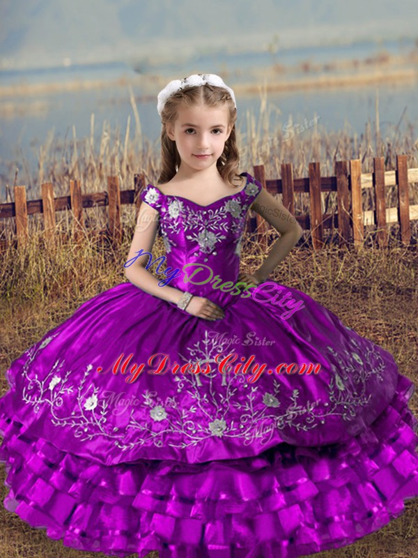 Custom Design Purple Satin and Organza Lace Up Off The Shoulder Sleeveless Floor Length Little Girls Pageant Dress Embroidery and Ruffled Layers