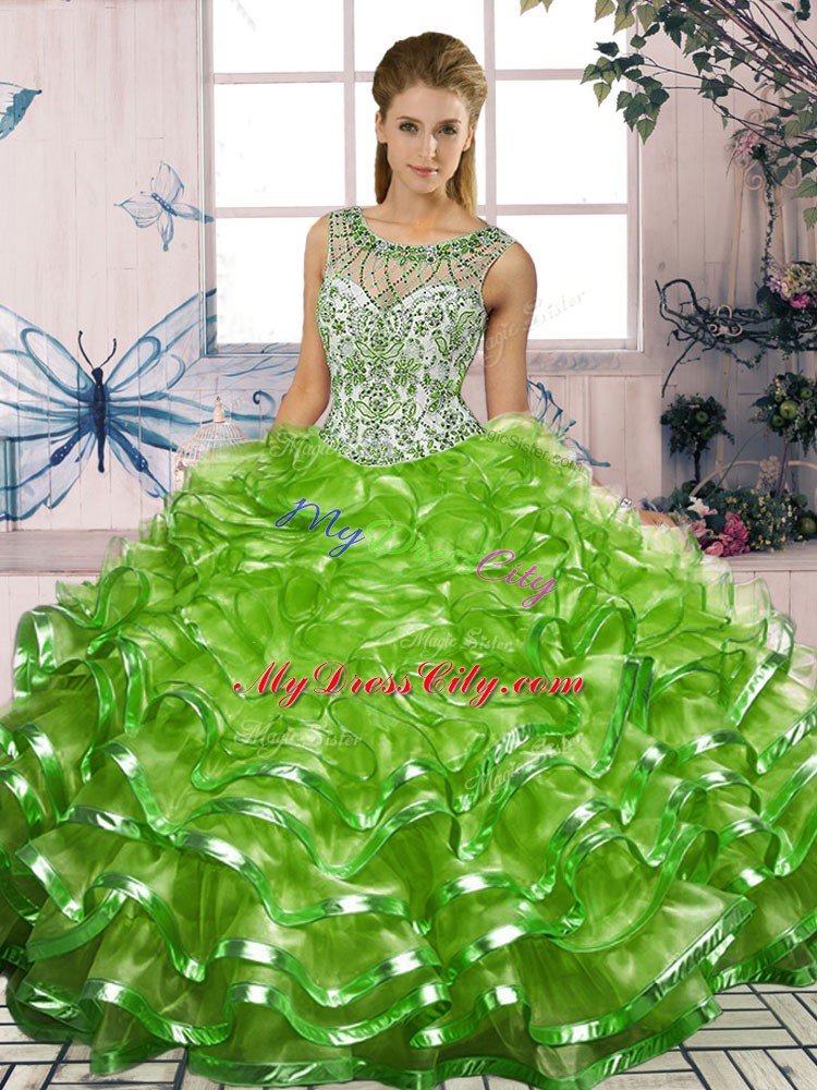 Organza Scoop Sleeveless Lace Up Beading and Ruffles Sweet 16 Quinceanera Dress in