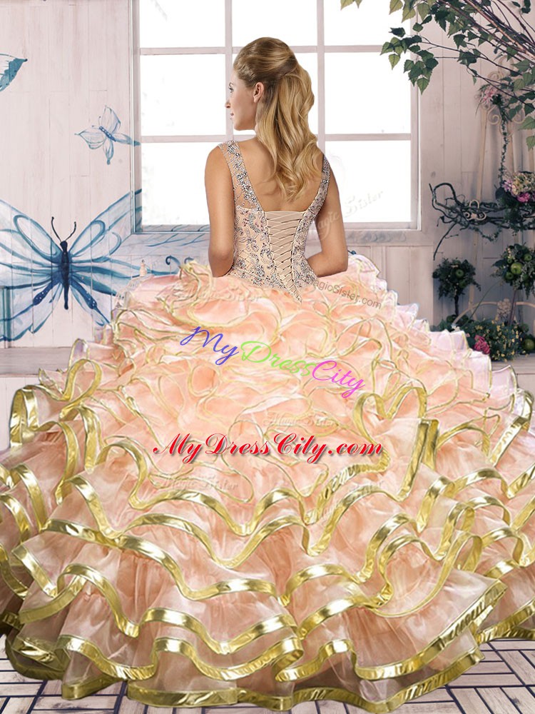 Organza Scoop Sleeveless Lace Up Beading and Ruffles Sweet 16 Quinceanera Dress in