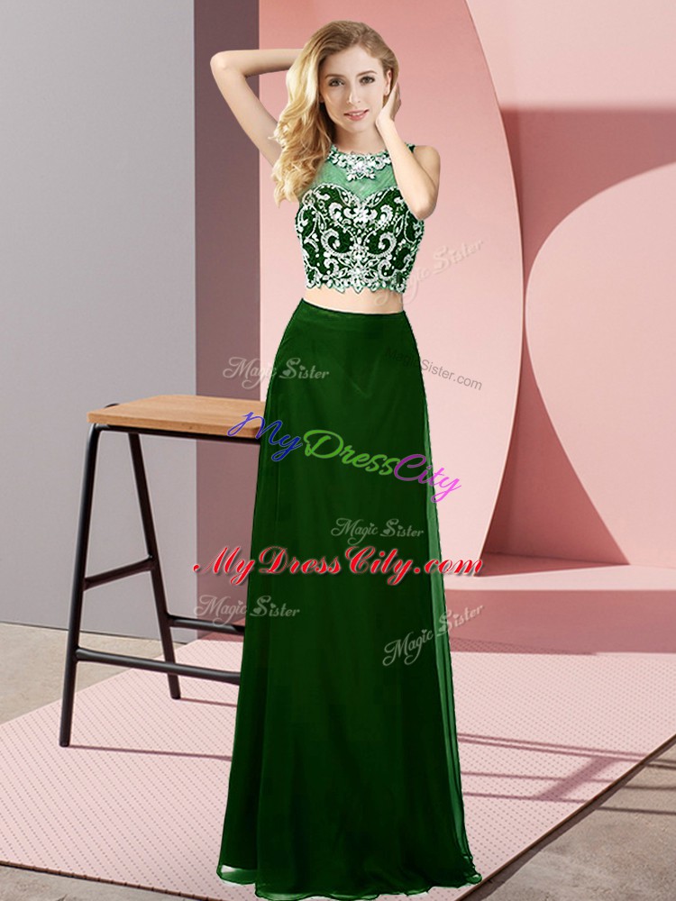 Dark Green Two Pieces Chiffon Scoop Sleeveless Beading Floor Length Backless Formal Dresses