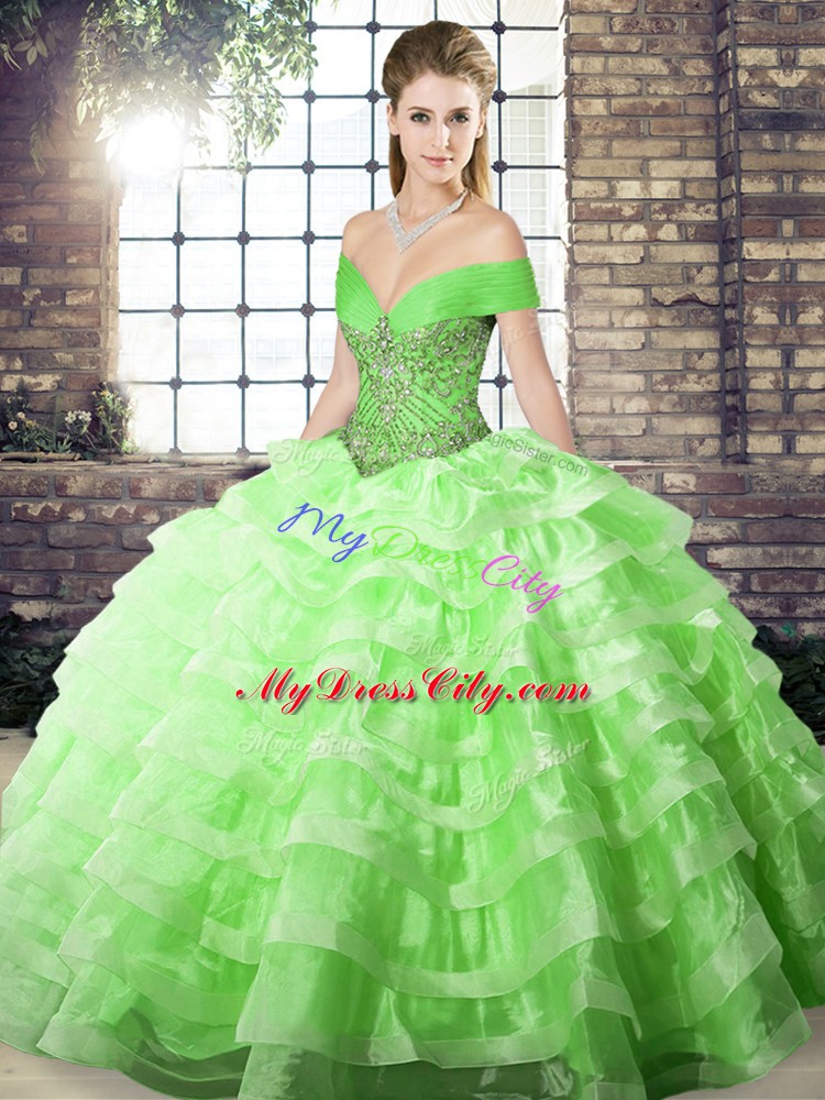 Elegant Ball Gowns Organza Off The Shoulder Sleeveless Beading and Ruffled Layers Lace Up 15th Birthday Dress Brush Train