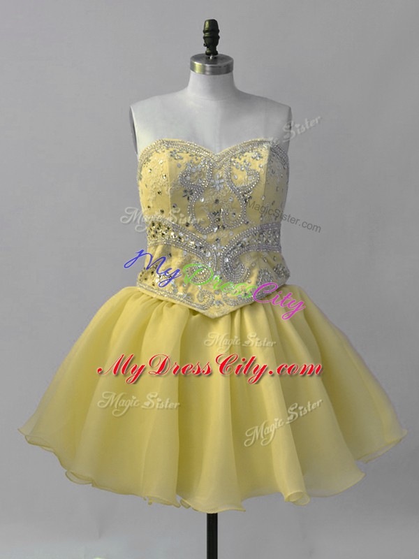 Organza Sweetheart Sleeveless Lace Up Beading Prom Dress in Yellow