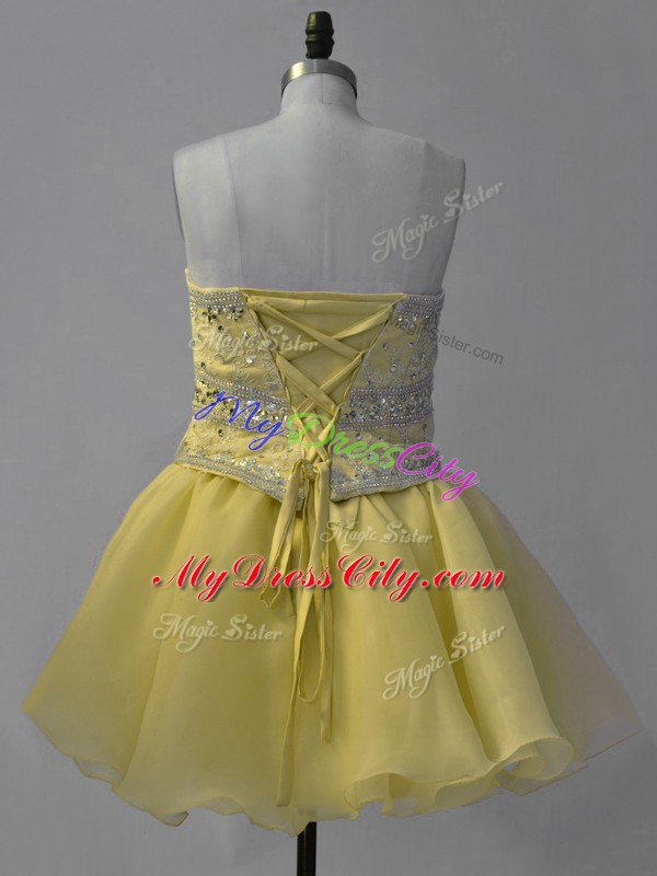 Organza Sweetheart Sleeveless Lace Up Beading Prom Dress in Yellow