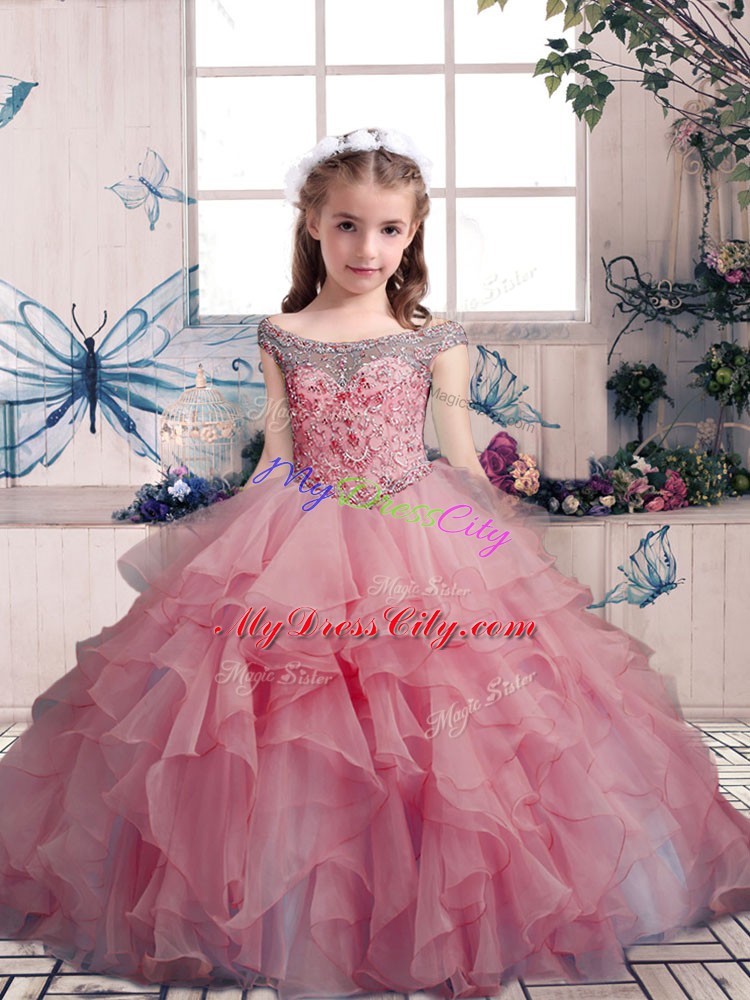 Popular Sleeveless Floor Length Beading and Ruffles Lace Up Child Pageant Dress with Pink