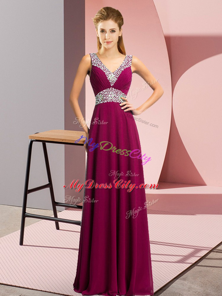 Fabulous Fuchsia Empire Chiffon V-neck Sleeveless Beading Floor Length Lace Up Prom Party Dress