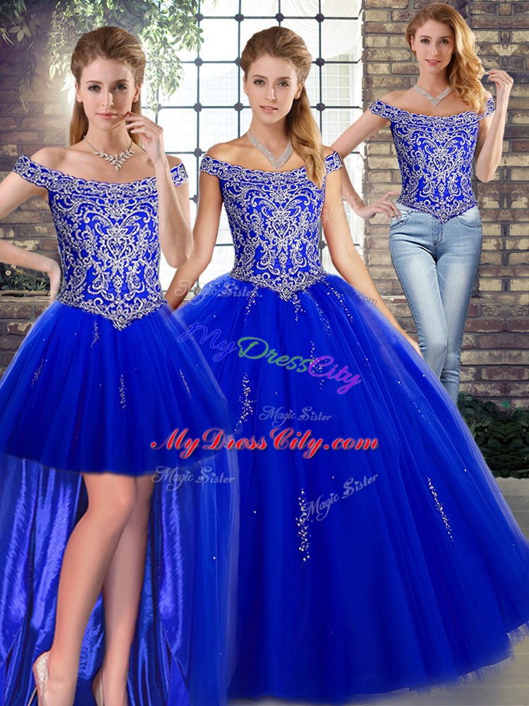 Cute Floor Length Royal Blue Quinceanera Gown Off The Shoulder Sleeveless Lace Up