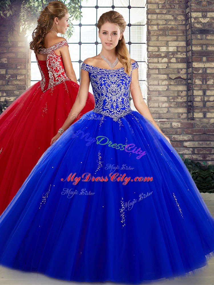 Cute Floor Length Royal Blue Quinceanera Gown Off The Shoulder Sleeveless Lace Up