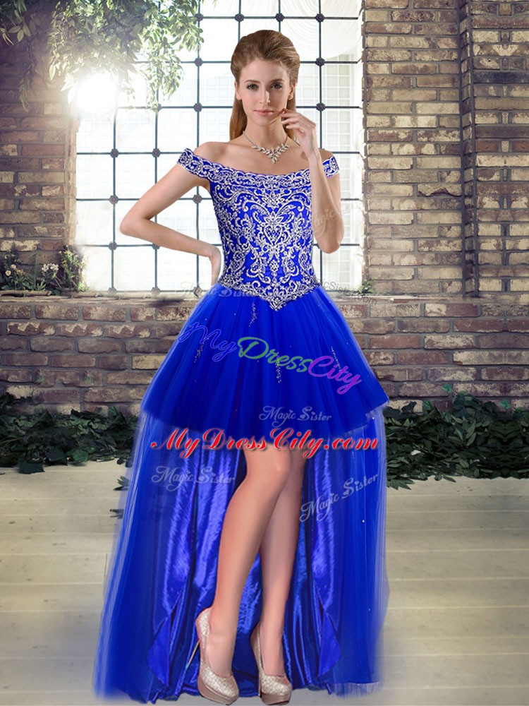 Cute Floor Length Royal Blue Quinceanera Gown Off The Shoulder Sleeveless Lace Up