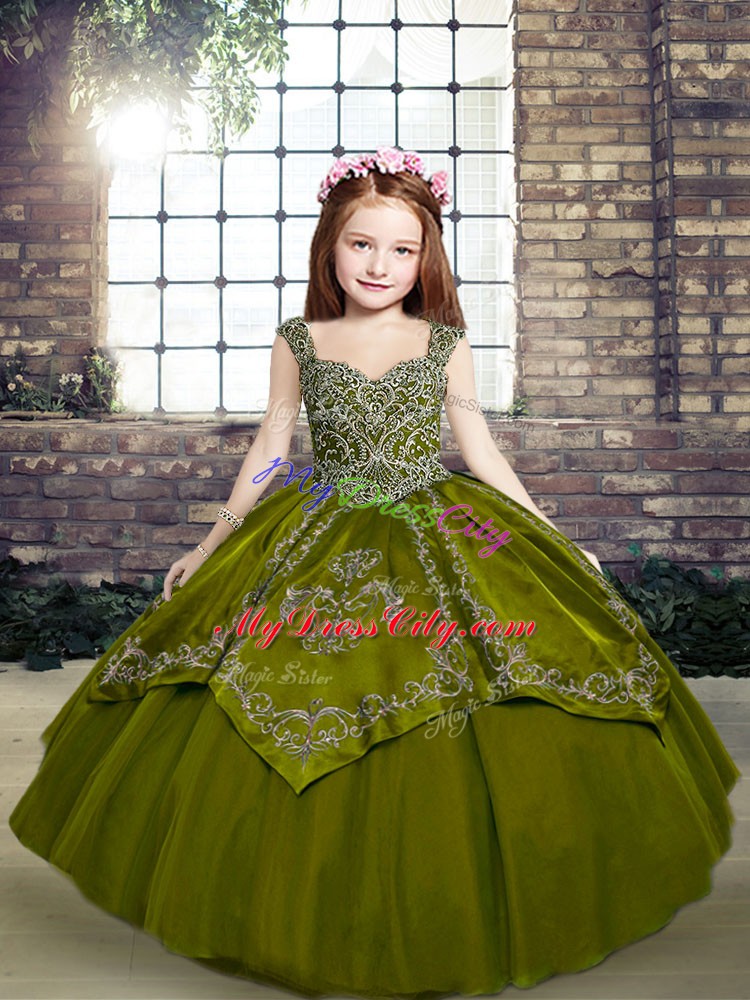 Simple Olive Green Lace Up Straps Beading and Embroidery Girls Pageant Dresses Organza Sleeveless