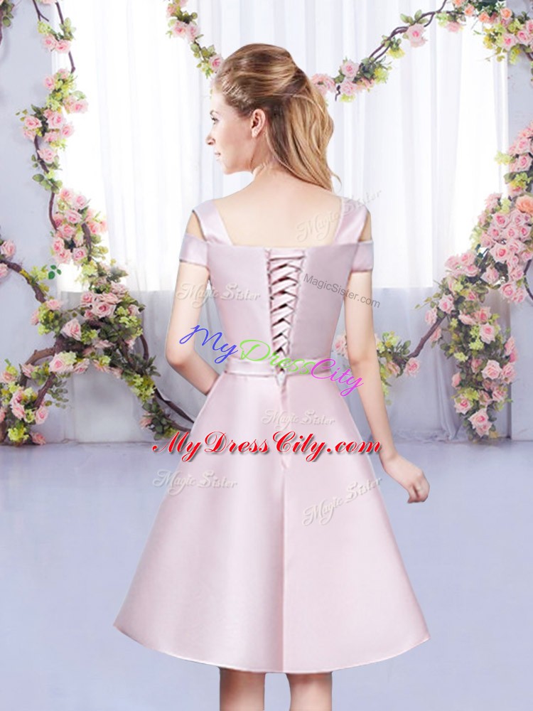 Mini Length Lace Up Dama Dress for Quinceanera Baby Pink for Wedding Party with Bowknot