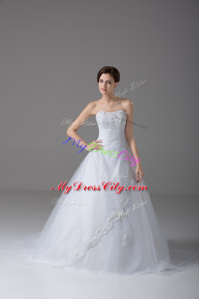 White Lace Up Wedding Dresses Beading and Lace Sleeveless Brush Train