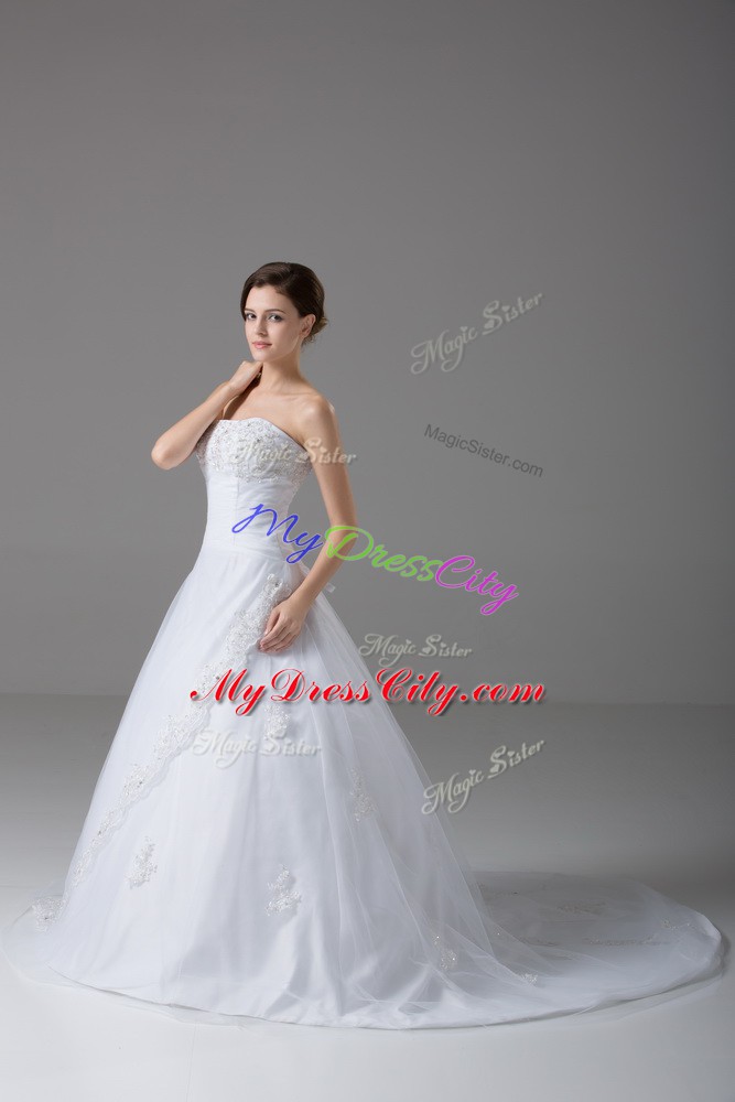 White Lace Up Wedding Dresses Beading and Lace Sleeveless Brush Train