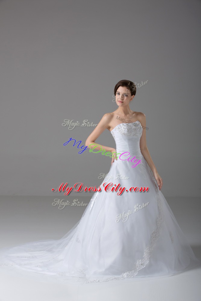 White Lace Up Wedding Dresses Beading and Lace Sleeveless Brush Train