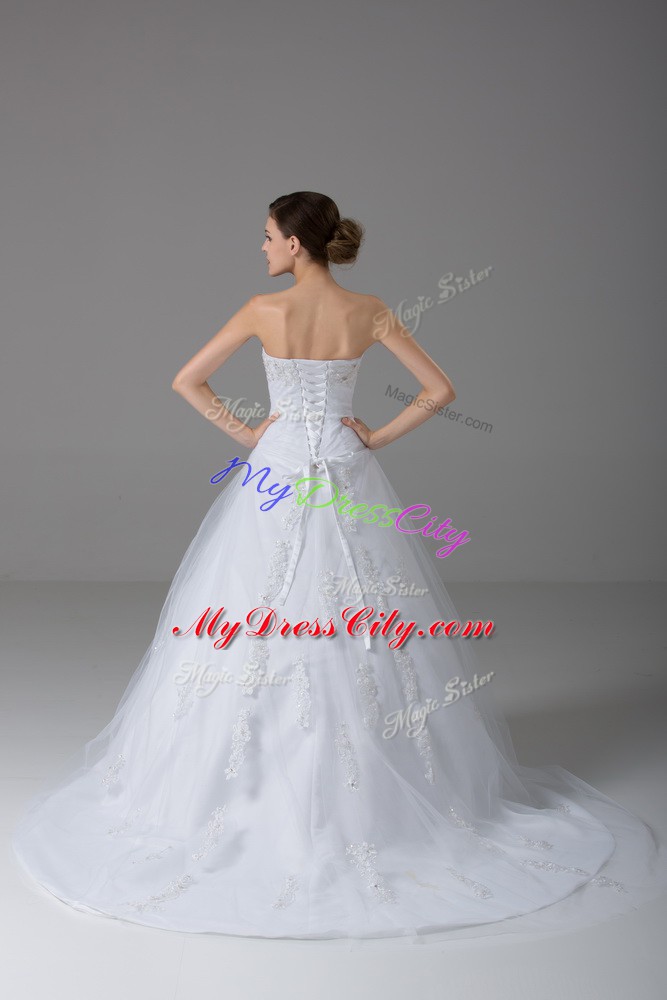 White Lace Up Wedding Dresses Beading and Lace Sleeveless Brush Train