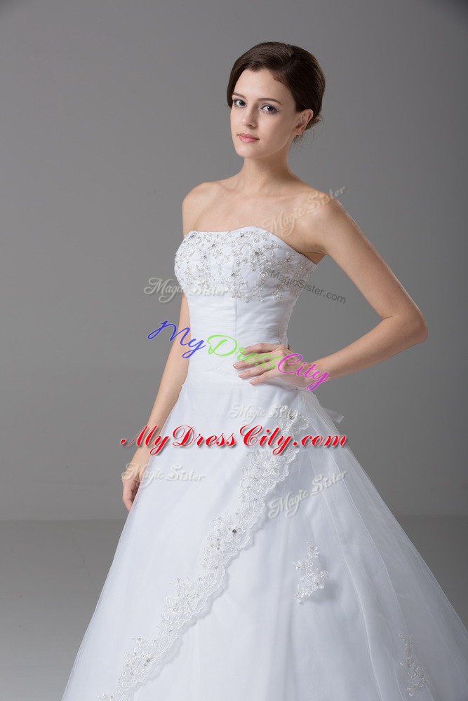 White Lace Up Wedding Dresses Beading and Lace Sleeveless Brush Train