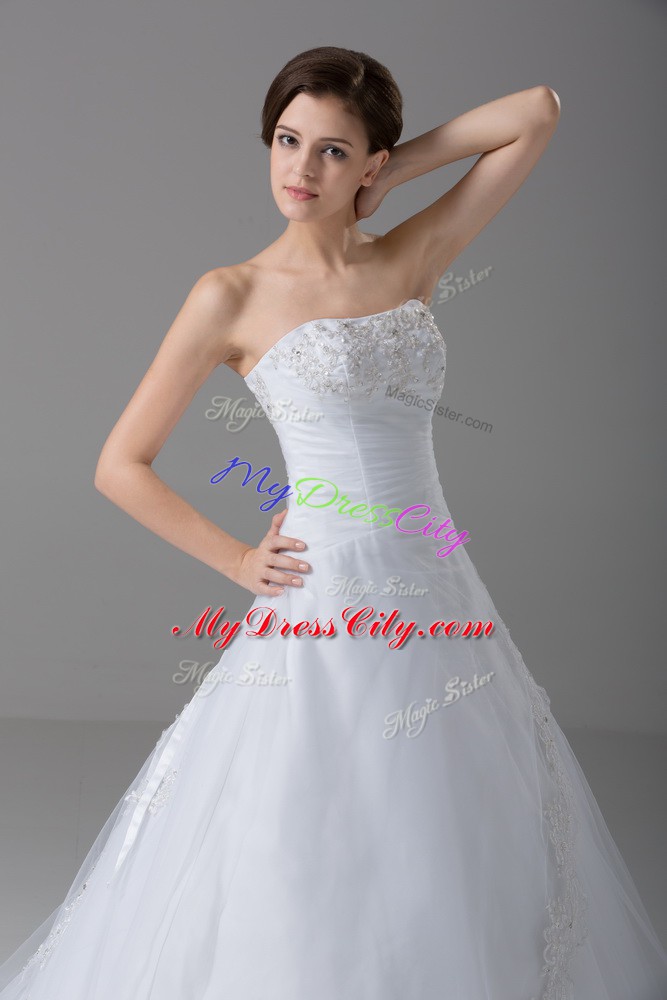 White Lace Up Wedding Dresses Beading and Lace Sleeveless Brush Train