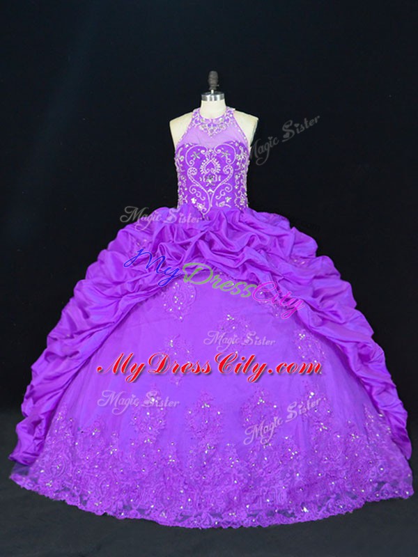 Luxurious Purple Lace Up High-neck Beading and Appliques and Embroidery and Pick Ups Vestidos de Quinceanera Sleeveless