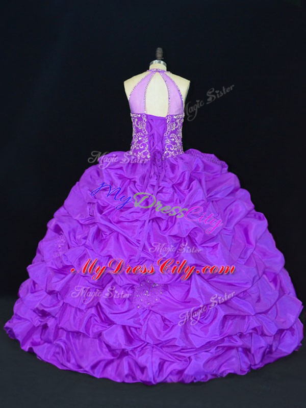 Luxurious Purple Lace Up High-neck Beading and Appliques and Embroidery and Pick Ups Vestidos de Quinceanera Sleeveless