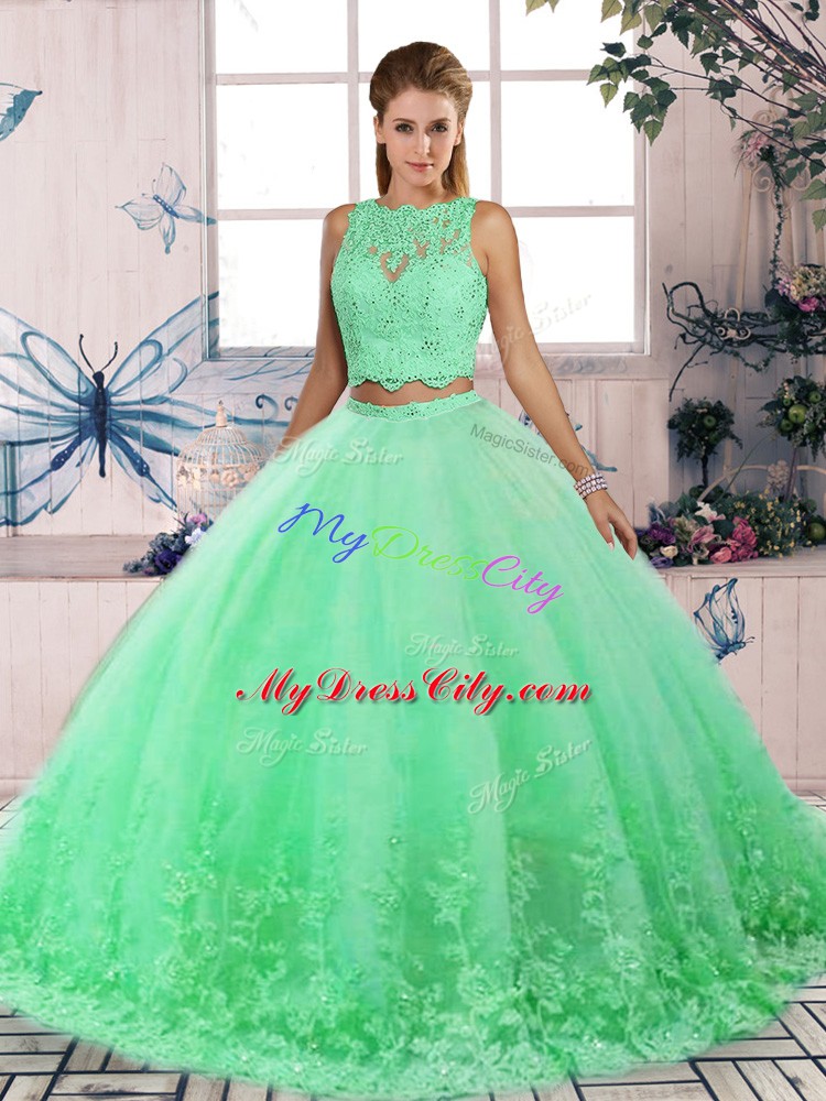 Lovely Backless Sweet 16 Dress Turquoise for Military Ball and Sweet 16 and Quinceanera with Lace Sweep Train