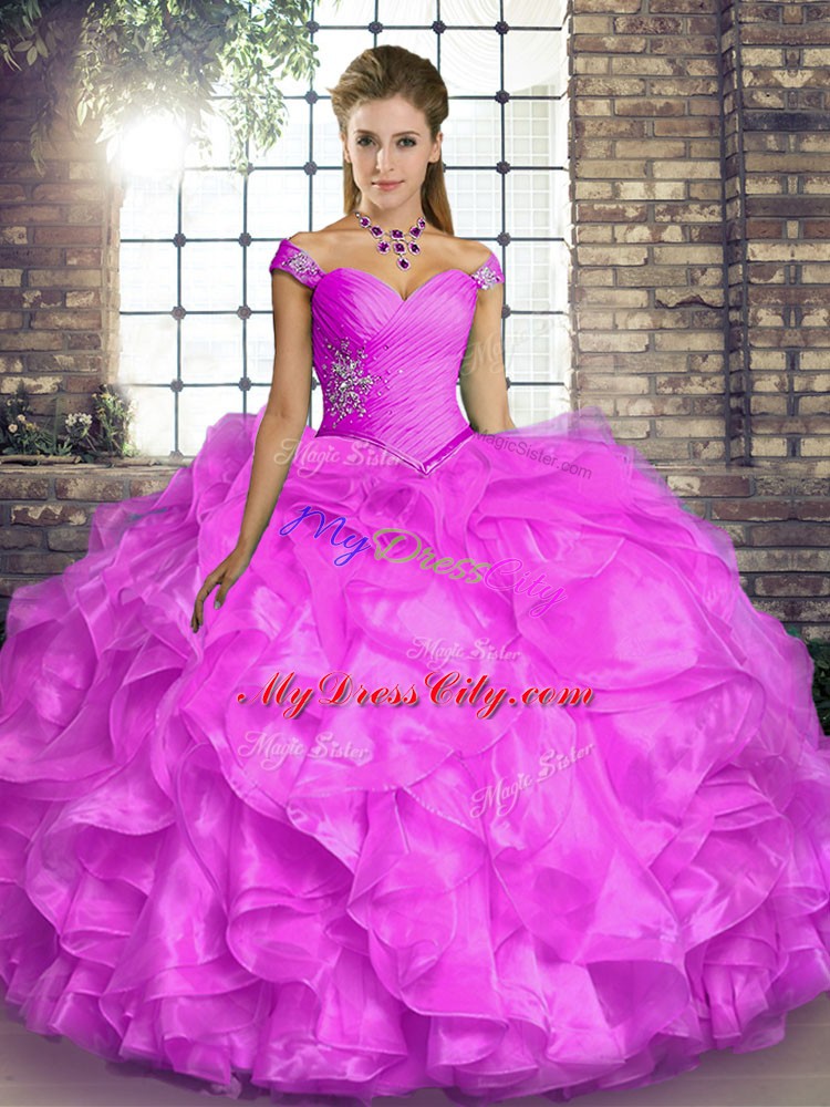 Gorgeous Beading and Ruffles Quince Ball Gowns Lilac Lace Up Sleeveless Floor Length