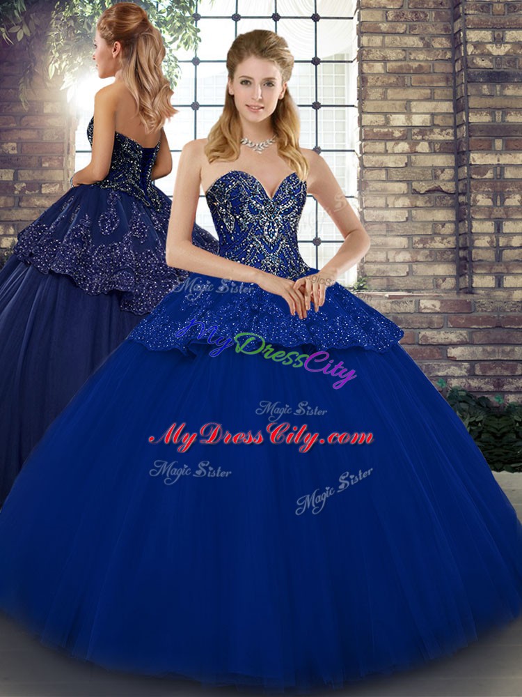 Royal Blue Sleeveless Beading and Appliques Floor Length Sweet 16 Quinceanera Dress